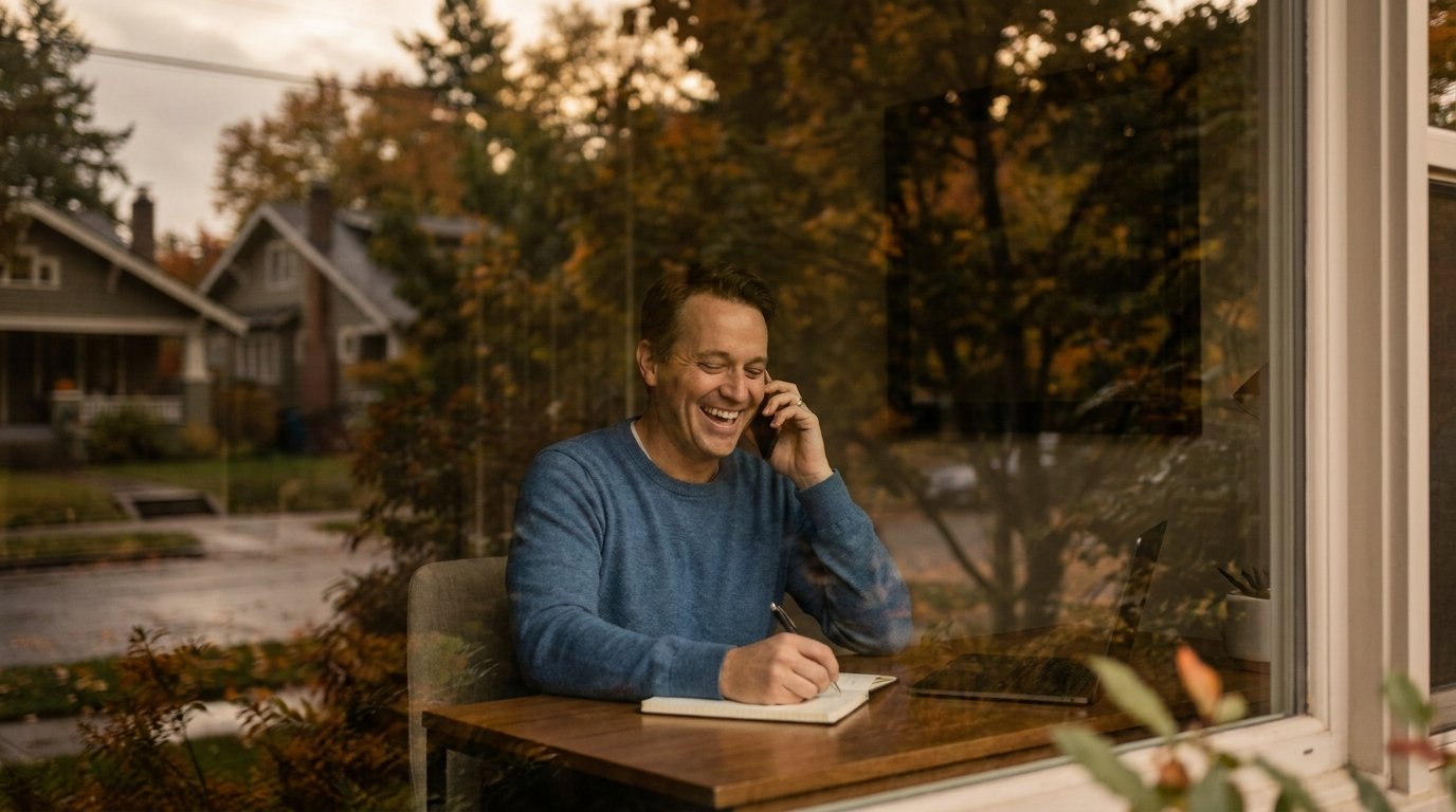 Broker on the phone directly with a property owner at a home office desk