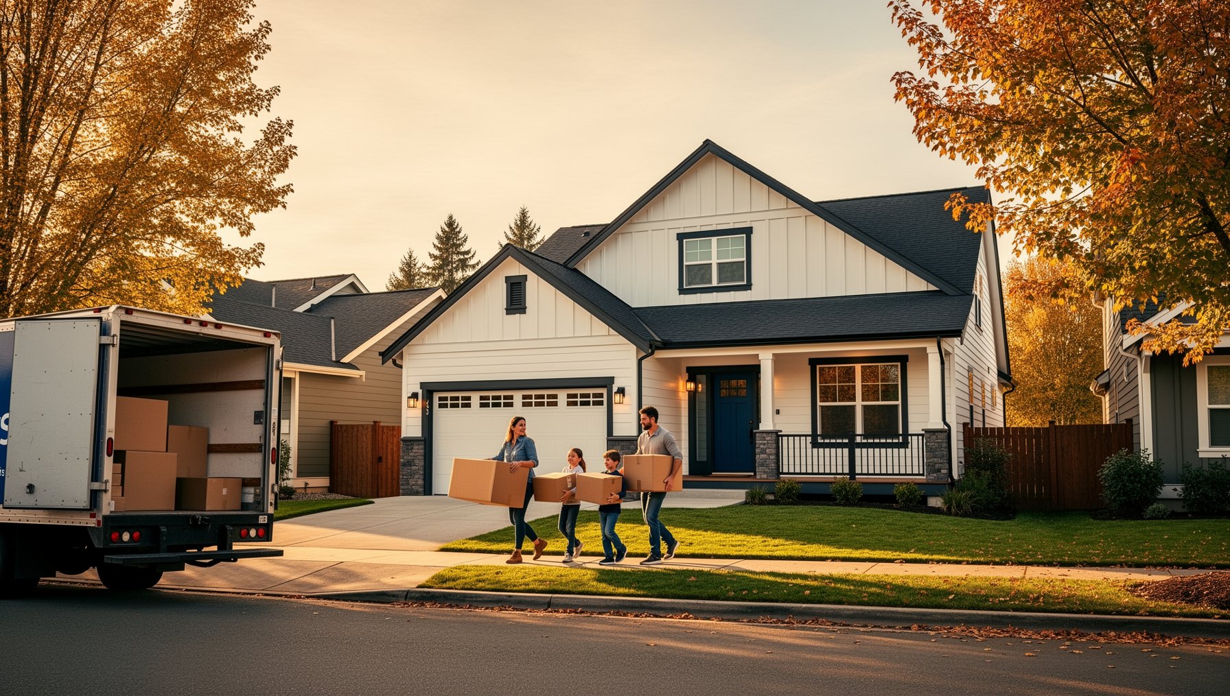 Family moving boxes into a Clackamas County Oregon home at golden hour