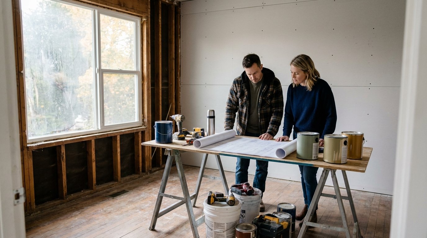Contractor and investor reviewing renovation plans inside a mid-flip fixer-upper
