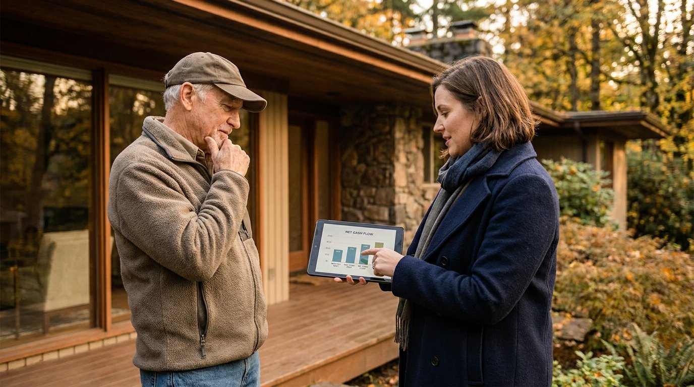 Agent and investor reviewing a rental property’s cash flow numbers on a tablet