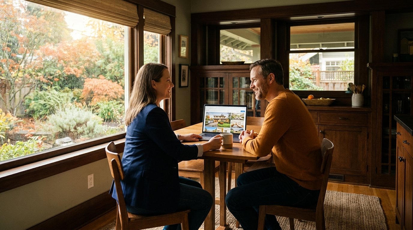 Agent and homeowner reviewing online listing marketing photos together at the kitchen table