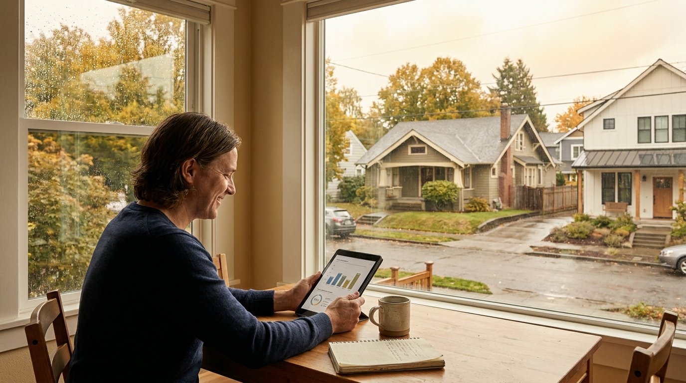 Rental property owner reviewing a financial performance report over coffee