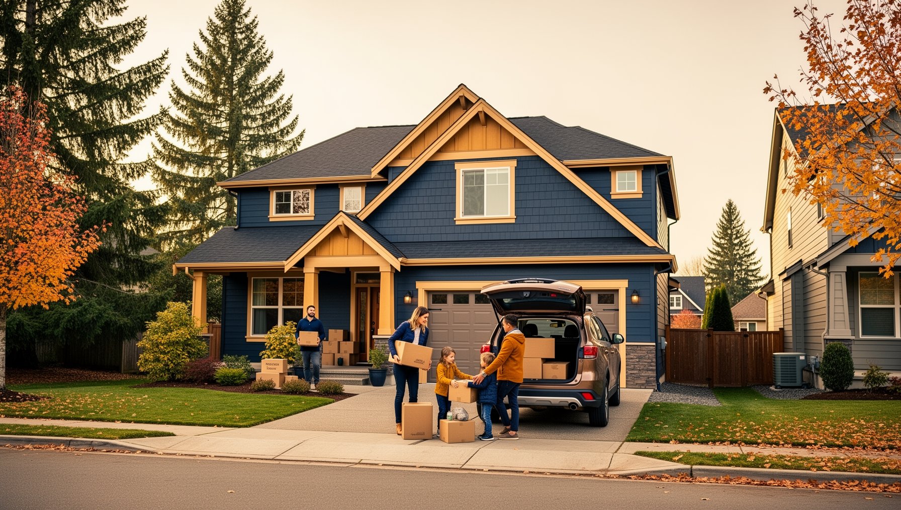 Family moving into a new home in Vancouver WA near the Columbia River