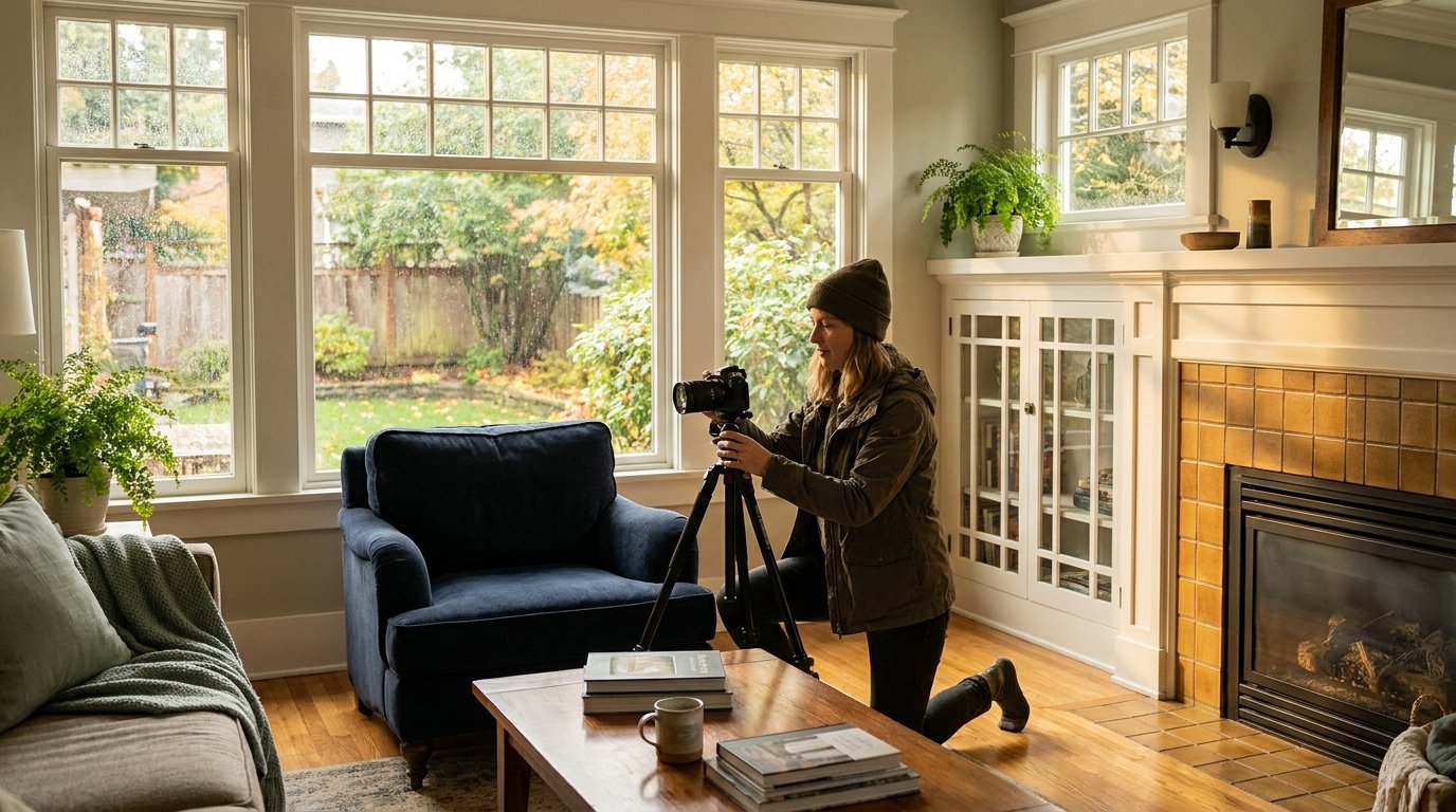 Photographer capturing professional listing photos in a staged Portland area living room