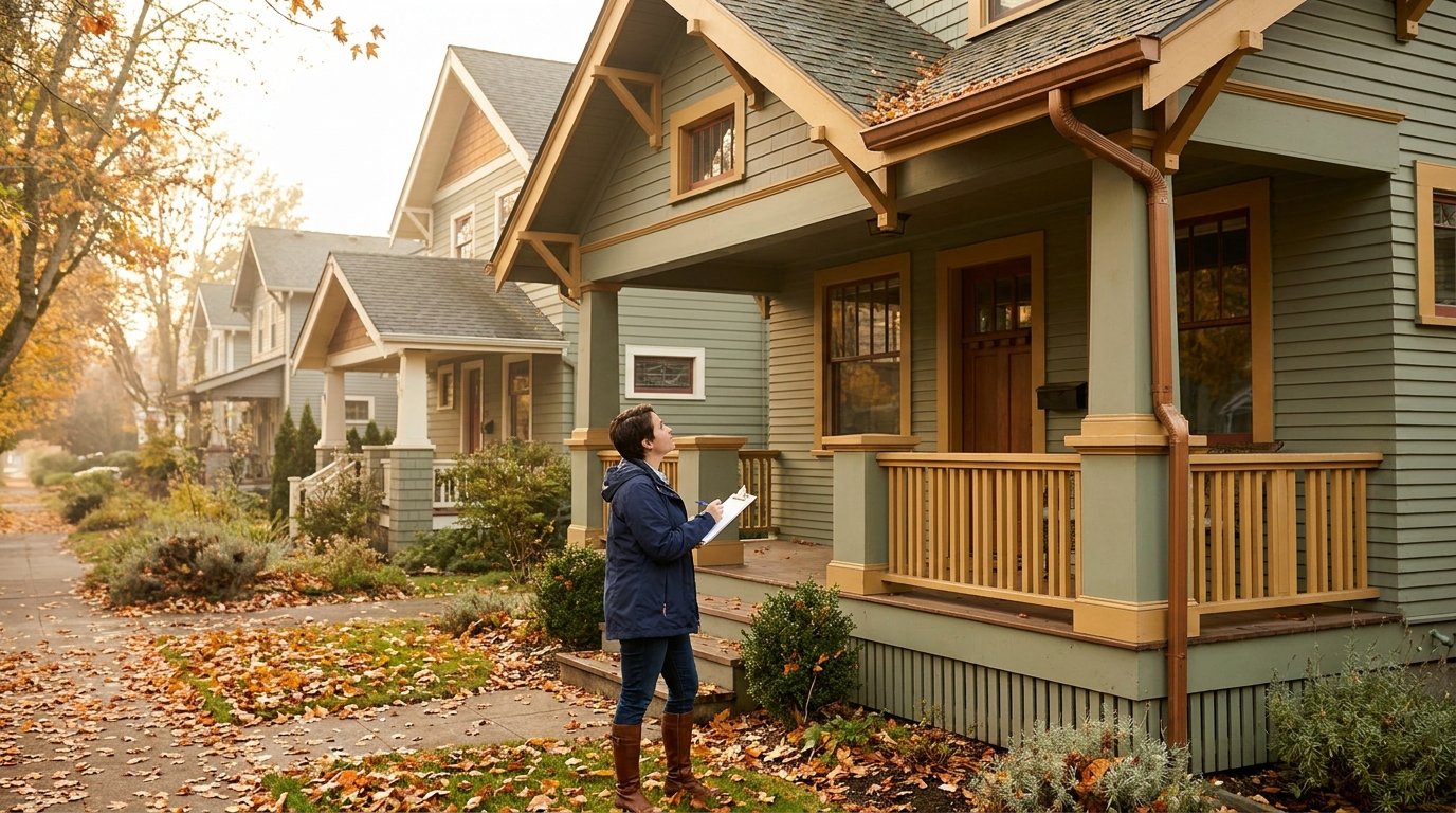 Property manager doing a routine exterior inspection walk of a rental home