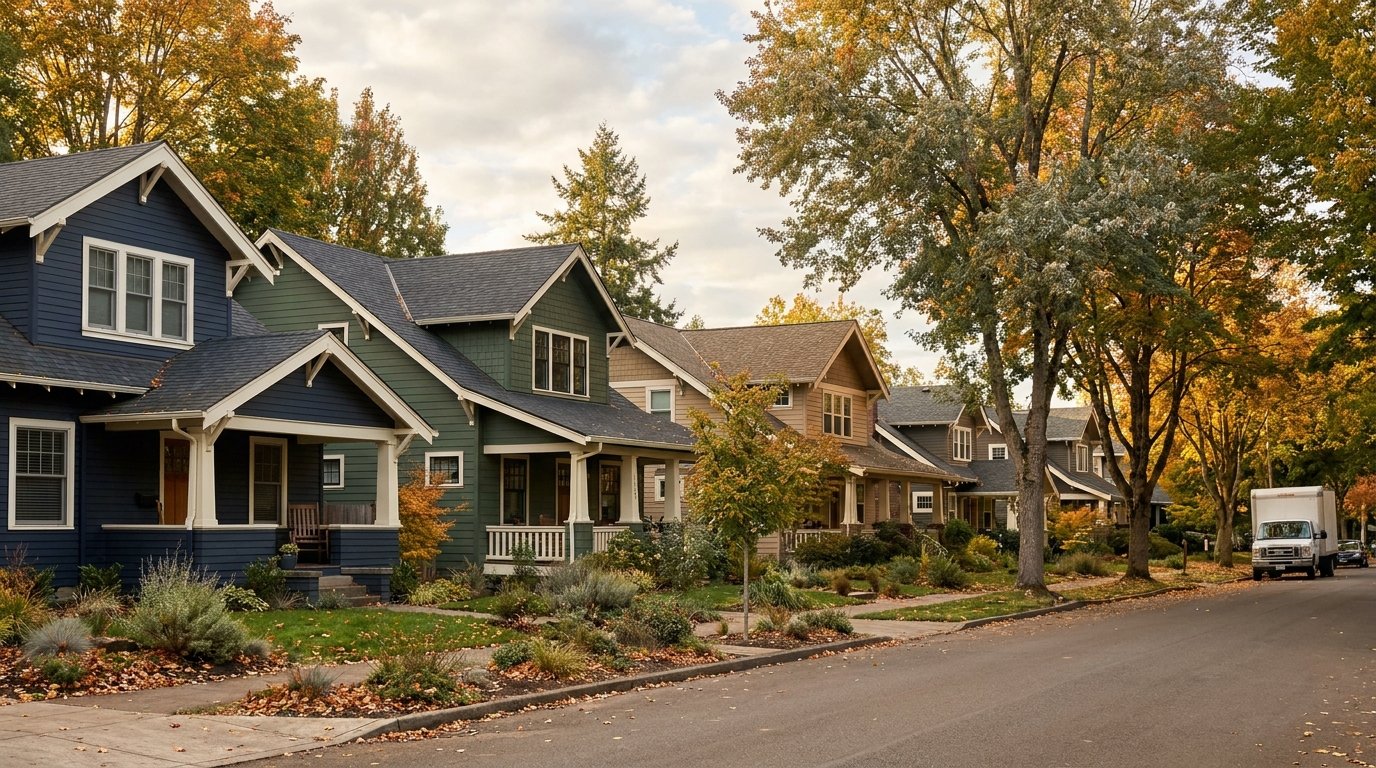 Row of well-maintained rental homes on a tree-lined Portland metro street