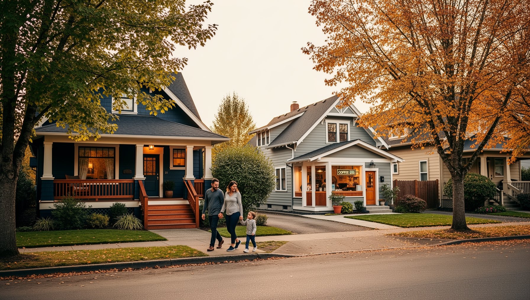 Tree-lined Sunnyside Portland street with Craftsman homes and a walking family